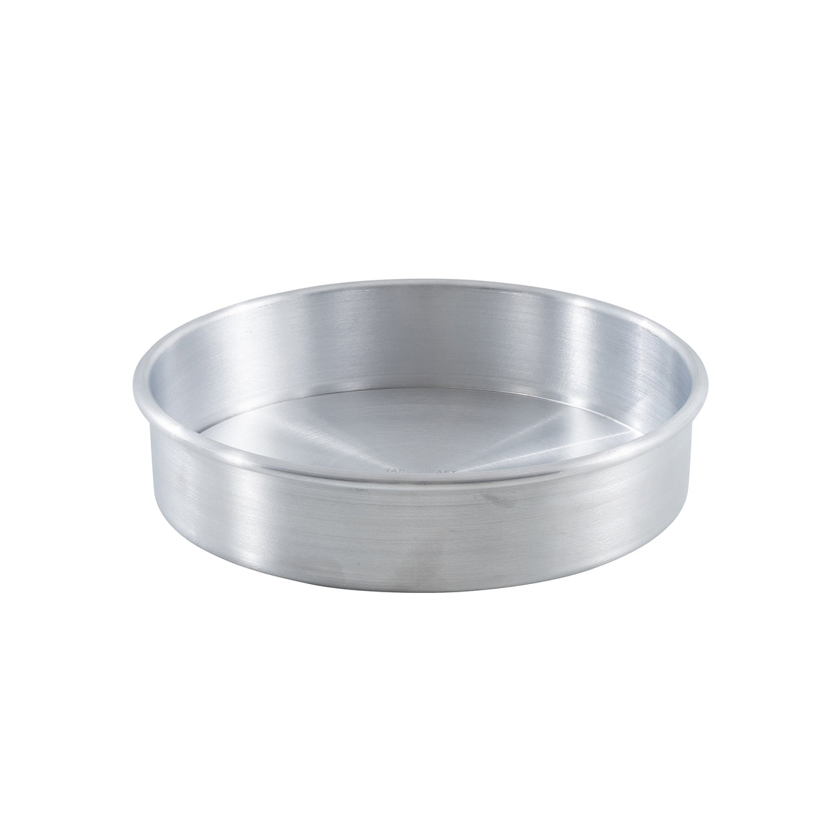 A plain, round aluminum cake pan—like the TableCraft 12468 cheesecake pan—with straight sides and a flat bottom is shown on a white background. The smooth, shiny surface has no visible handles or markings.