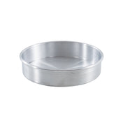 A plain, round aluminum cake pan—like the TableCraft 12468 cheesecake pan—with straight sides and a flat bottom is shown on a white background. The smooth, shiny surface has no visible handles or markings.