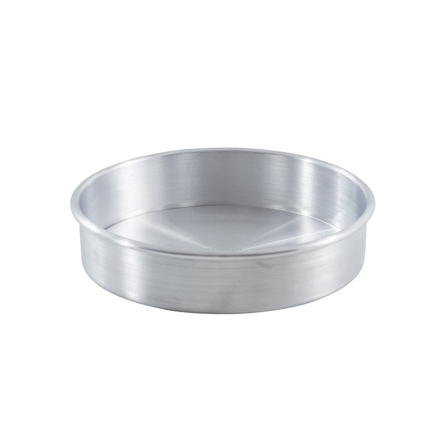 A plain, round aluminum cake pan—like the TableCraft 12468 cheesecake pan—with straight sides and a flat bottom is shown on a white background. The smooth, shiny surface has no visible handles or markings.