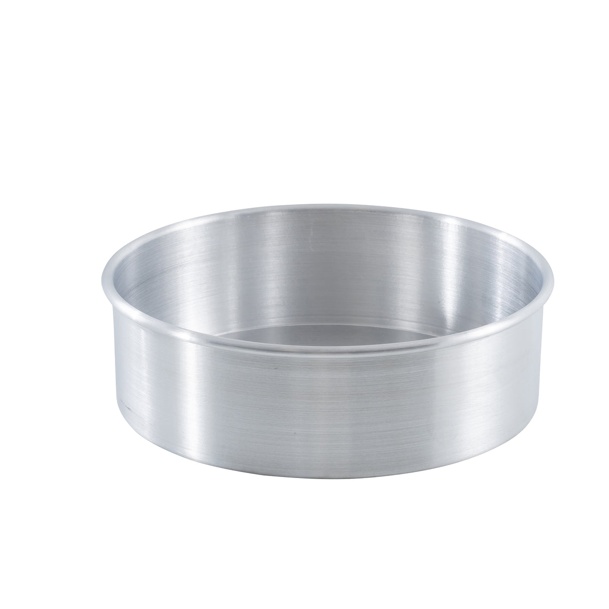 A round aluminum pan, like the TableCraft 12468 cheesecake pan, with smooth sides and a flat base is shown on a white background. This silver-colored metal pan features a simple, reflective finish and has no handles or decorations.