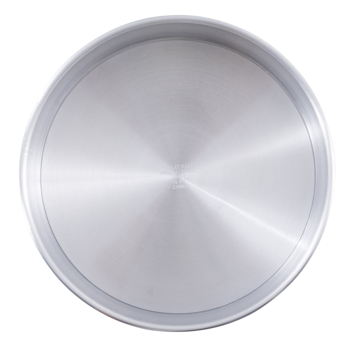 A round aluminum pan with straight sides and a flat base, perfect as a cheesecake pan. Its smooth, reflective surface features embossed text reading FECAN PRODUCTS, MADE IN CHINA. The background is plain white.