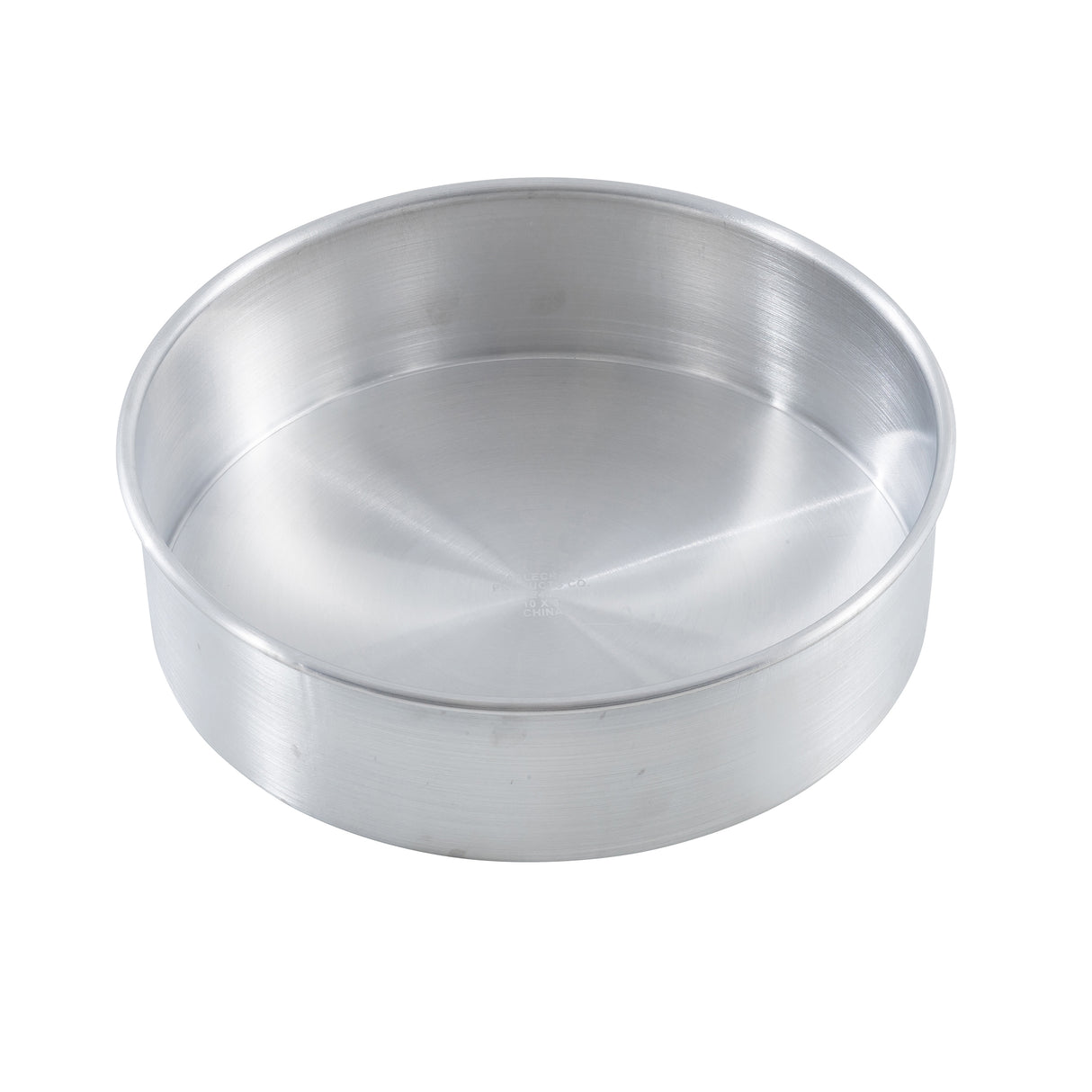 A round, shallow, silver-colored TableCraft cheesecake pan with smooth sides and a flat base is shown on a white background. The pan appears empty and is made from brushed aluminum.