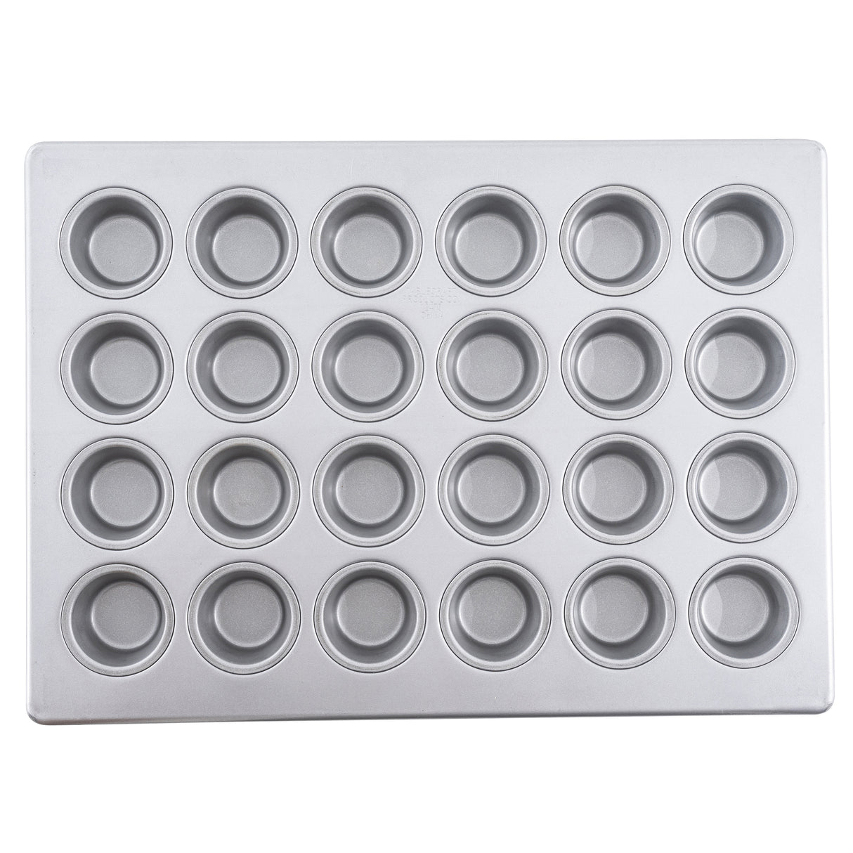A silver silicone glazed non-stick mini muffin pan with 24 evenly spaced, round cups arranged in a 4 by 6 grid. The smooth, shiny surface and slightly raised edges make it perfect for baking small cupcakes or muffins.