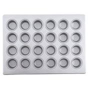 A silver silicone glazed non-stick mini muffin pan with 24 evenly spaced, round cups arranged in a 4 by 6 grid. The smooth, shiny surface and slightly raised edges make it perfect for baking small cupcakes or muffins.