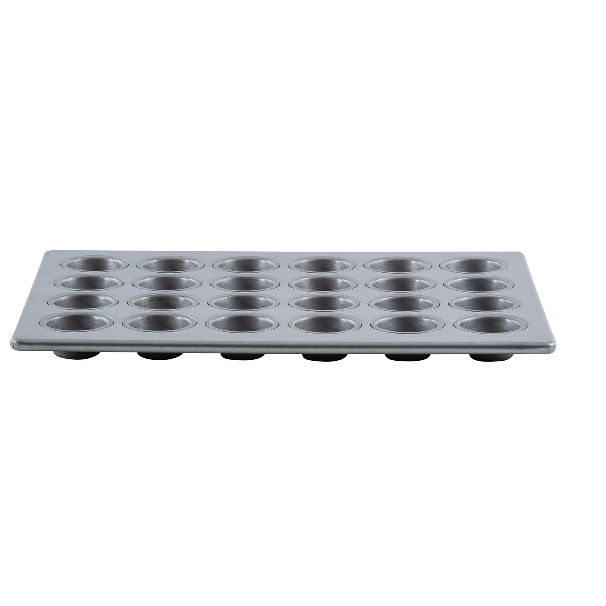 A 24 cup mini muffin pan with silicone glazed non-stick coating features 24 round molds in a 4-by-6 grid. The smooth surface and evenly spaced molds are shown from a low, side angle against a white background.