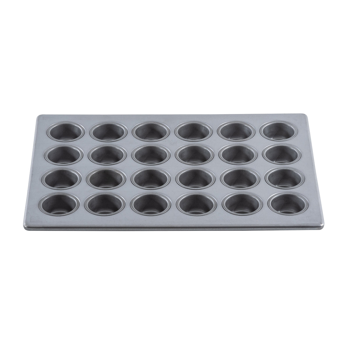A 24 cup silicone glazed non-stick mini muffin pan with circular cups in a 4 by 6 grid, seen from above. Perfect for baking small cupcakes, muffins, or treats, this tray features a smooth, shiny finish and flat edges.