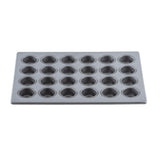 A 24 cup silicone glazed non-stick mini muffin pan with circular cups in a 4 by 6 grid, seen from above. Perfect for baking small cupcakes, muffins, or treats, this tray features a smooth, shiny finish and flat edges.