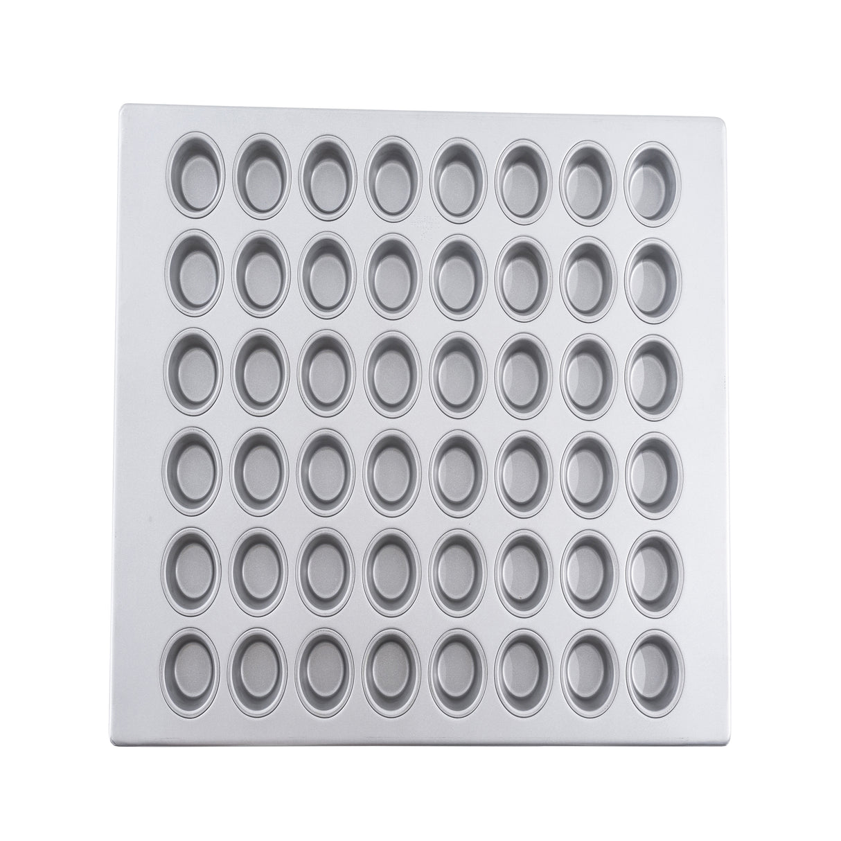 A clean, silver mini muffin pan with 60 round, evenly spaced molds arranged in a 6 by 10 grid, viewed from above. This aluminized steel muffin pan is ideal for baking small treats like mini muffins or macarons.