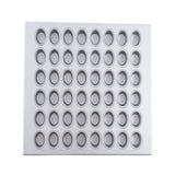 A clean, silver mini muffin pan with 60 round, evenly spaced molds arranged in a 6 by 10 grid, viewed from above. This aluminized steel muffin pan is ideal for baking small treats like mini muffins or macarons.