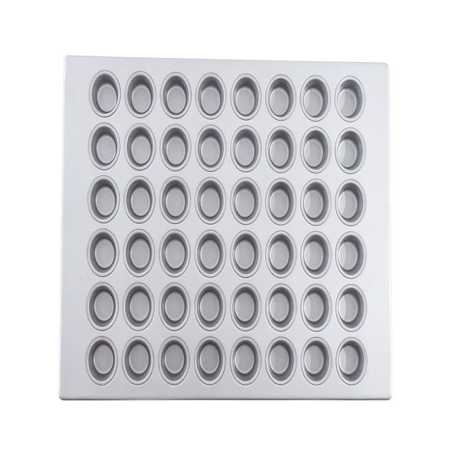 A clean, silver mini muffin pan with 60 round, evenly spaced molds arranged in a 6 by 10 grid, viewed from above. This aluminized steel muffin pan is ideal for baking small treats like mini muffins or macarons.