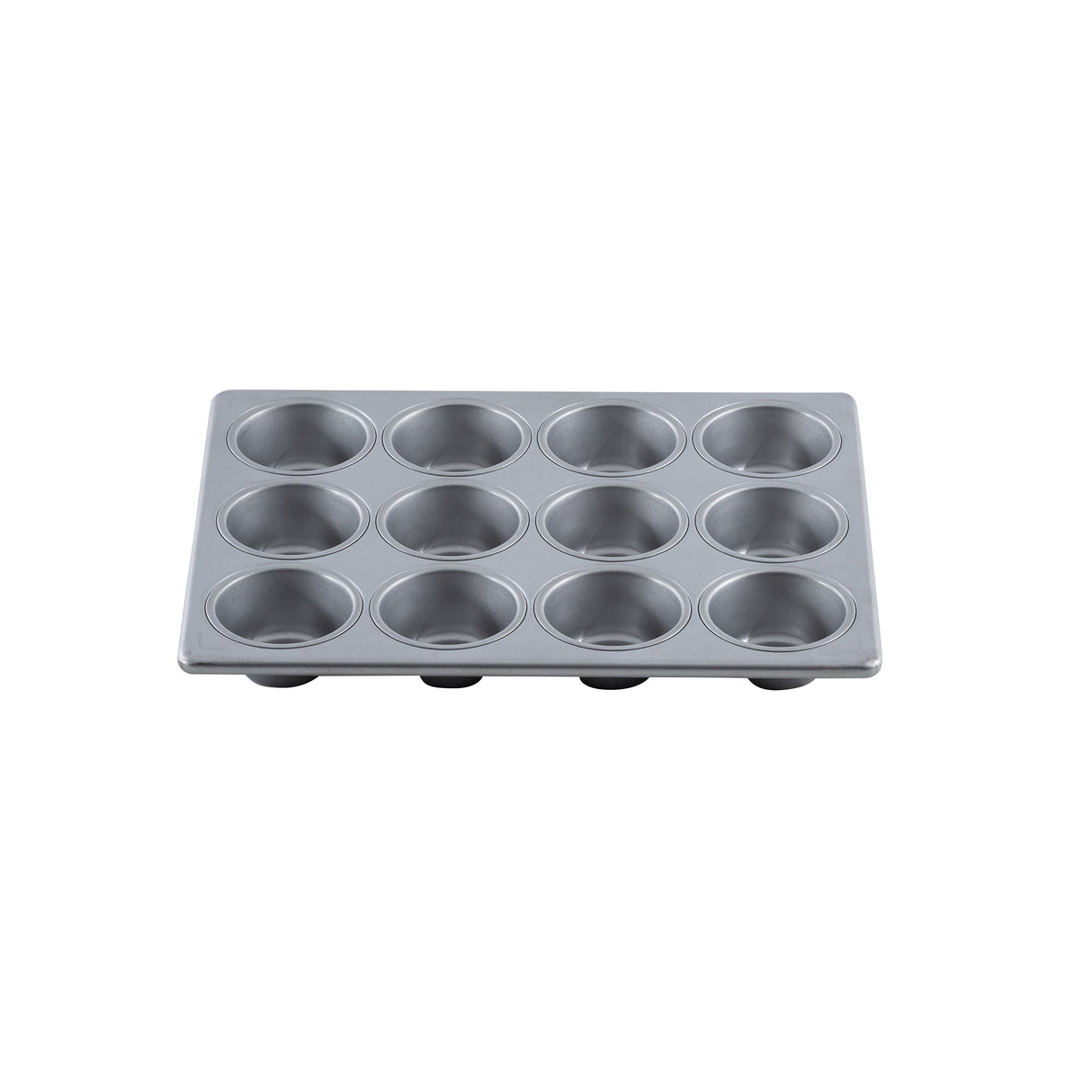 A standard non-stick muffin pan with 12 round cups, arranged in a 3 by 4 grid, sits on a plain white background. The metal cupcake pan’s clean surface appears unused.
