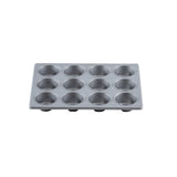A standard non-stick muffin pan with 12 round cups, arranged in a 3 by 4 grid, sits on a plain white background. The metal cupcake pan’s clean surface appears unused.