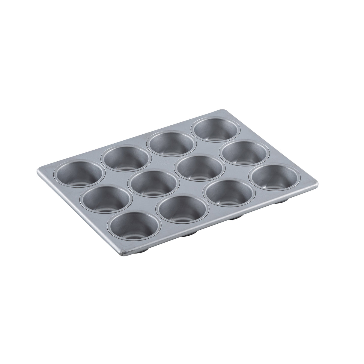 A silver metal non-stick muffin pan with twelve round, evenly spaced cups arranged in three rows of four, shown against a plain white background at a slight angle. The pan appears clean and unused.