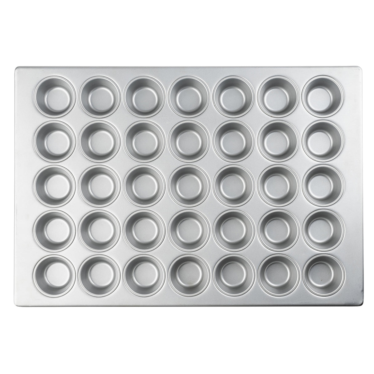 A silver non-stick cupcake pan with 48 evenly spaced round wells arranged in a grid pattern, photographed from above on a white background. The muffin pan features smooth edges and a shiny, metallic surface.