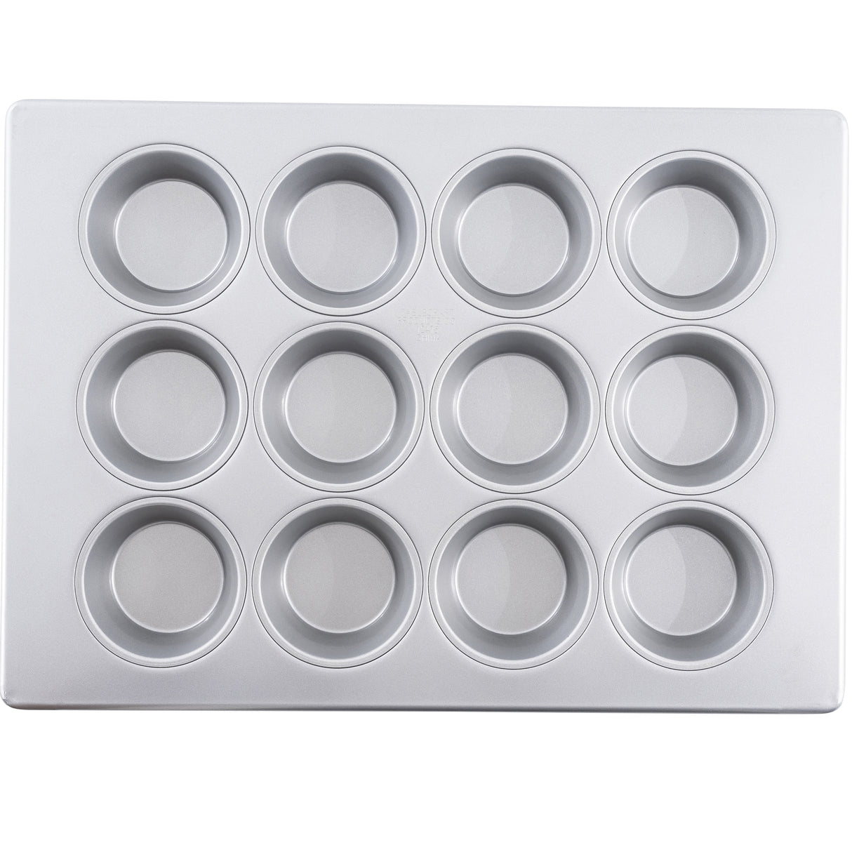 A silicone glazed non-stick Large Muffin Pan featuring 12 cups in a 3 by 4 grid, perfect for baking cupcakes or muffins. The clean, silver pan is shown empty from a top-down view on a white background.
