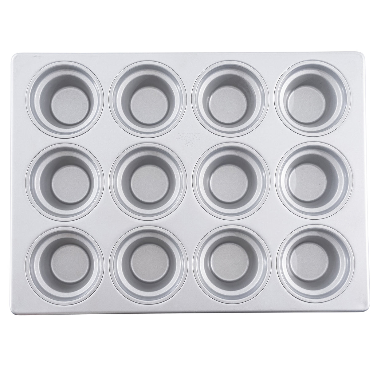 A silver 12 cup muffin pan with a silicone glazed non-stick coating is shown from above. The pan has three rows of four evenly spaced round wells, each with a circular base and smooth sides, on a flat rectangular metal tray.