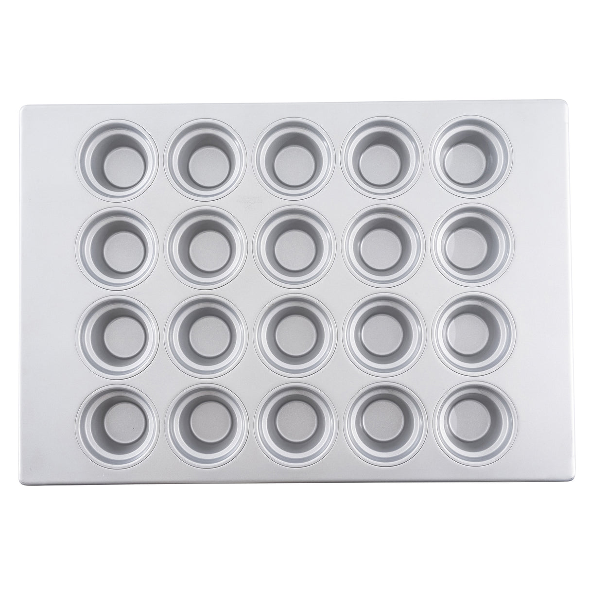 A silver metal muffin or cupcake pan is shown from above, featuring 24 round, evenly spaced cups arranged in a 4 by 6 grid. This silicone glazed non-stick pan has a smooth, shiny finish with slightly raised edges around each cup.