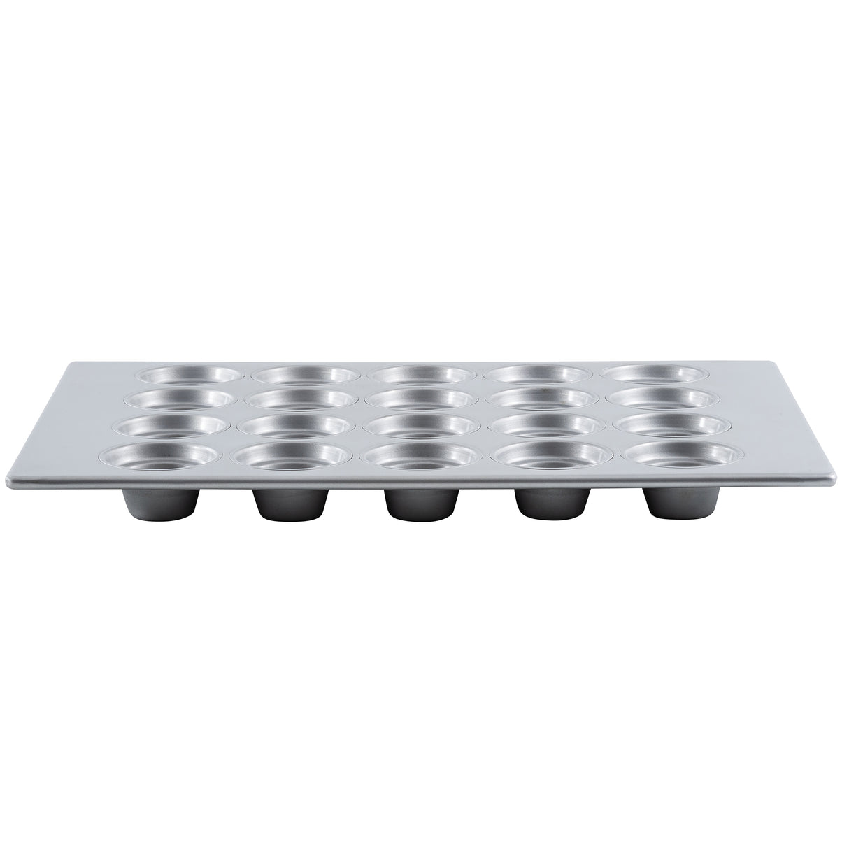 A silver, silicone glazed non-stick 20 cup muffin pan with small, round, evenly spaced cups arranged in a grid. The clean, unused pan is shown from a side angle on a white background—ideal for baking mini muffins or cupcakes.