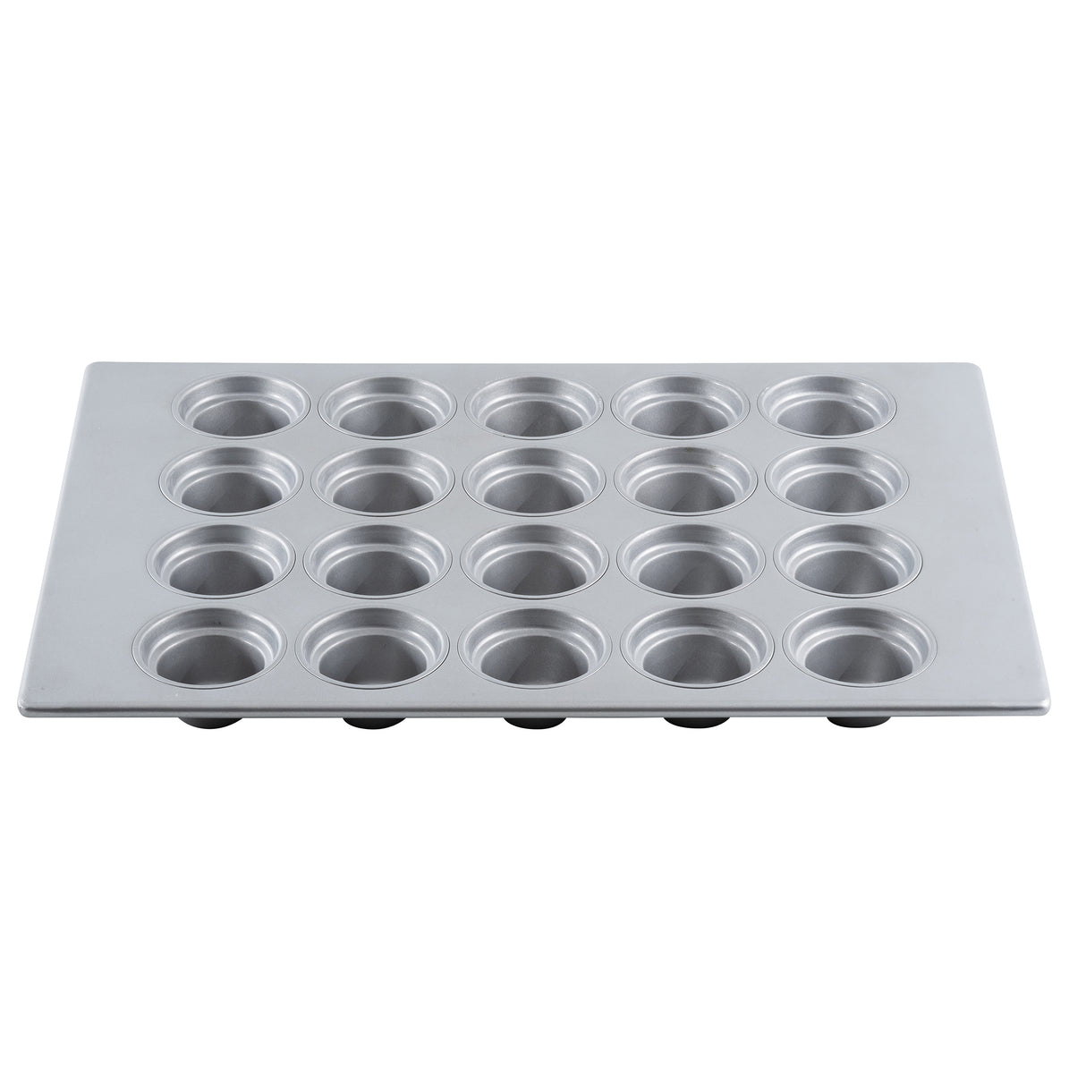 A large crown muffin pan with 24 evenly spaced, round cups arranged in a 4 by 6 grid is shown from a slightly angled perspective against a white background. The silicone glazed non-stick tray is clean and empty.