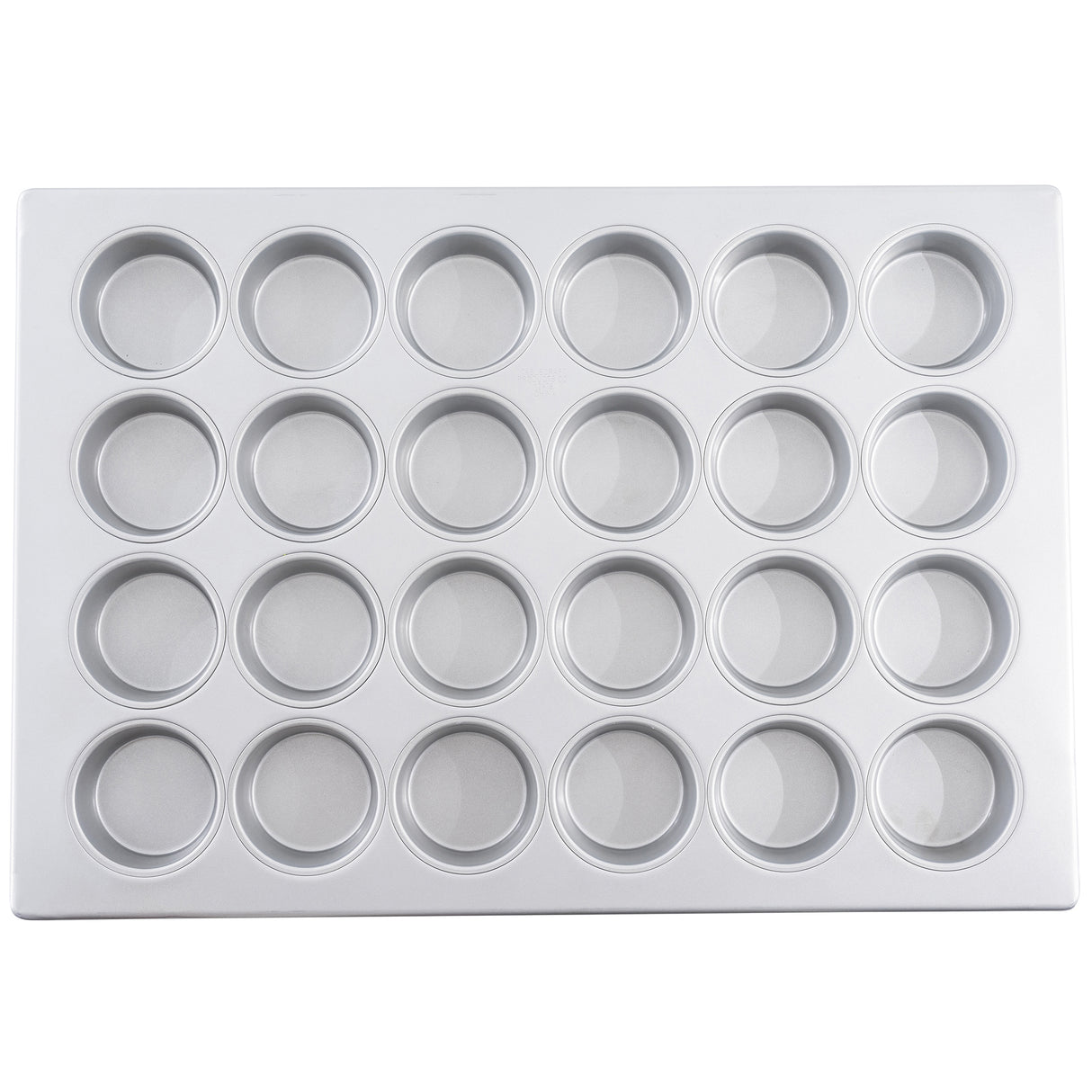 A non-stick 24 cup muffin pan with round, evenly spaced cups arranged in a 4 by 6 grid, perfect for baking cupcakes or muffins. The metal tray is clean and rests on a plain white background.