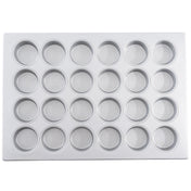 A non-stick 24 cup muffin pan with round, evenly spaced cups arranged in a 4 by 6 grid, perfect for baking cupcakes or muffins. The metal tray is clean and rests on a plain white background.