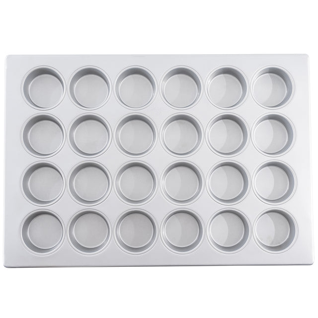 A non-stick 24 cup muffin pan with round, evenly spaced cups arranged in a 4 by 6 grid, perfect for baking cupcakes or muffins. The metal tray is clean and rests on a plain white background.