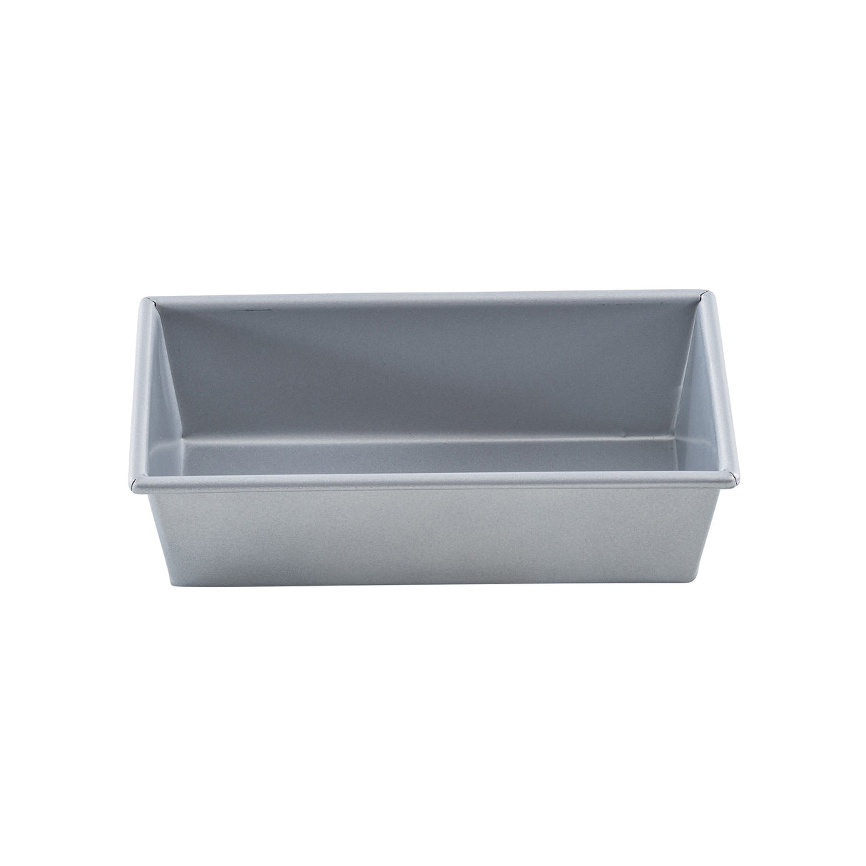 A rectangular, silver Aluminized Steel Bread Pan with straight sides and a flat base, photographed from a slightly elevated front angle on a plain white background. The pan appears empty and clean, suitable for baking bread or cakes.