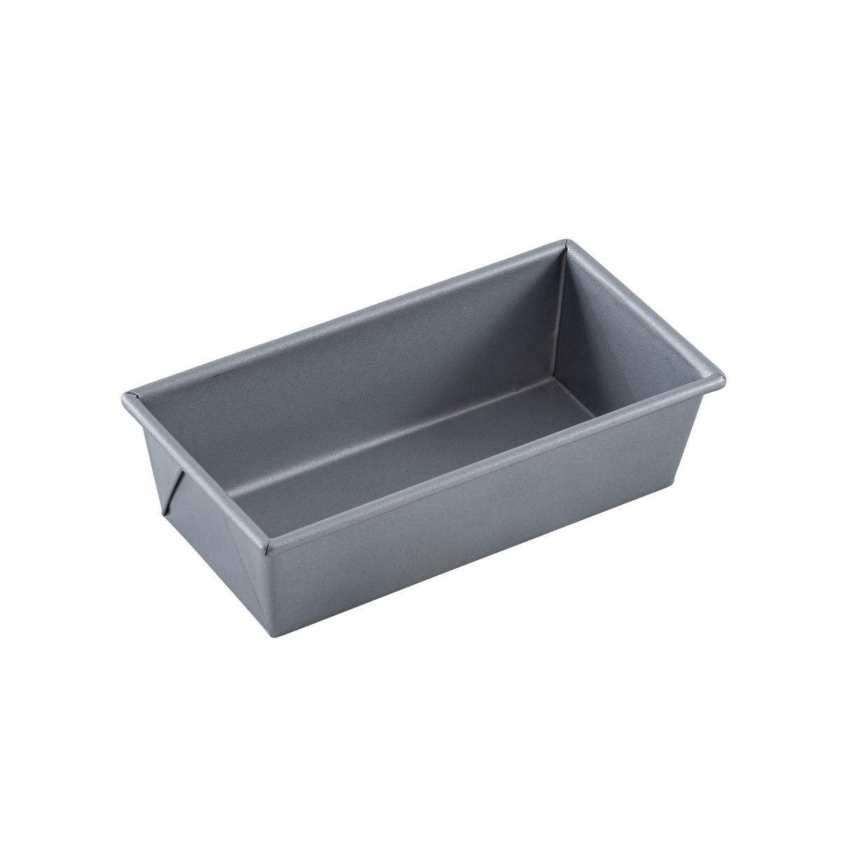 A rectangular, gray Aluminized Steel Bread Pan with slightly slanted sides and a smooth, nonstick surface sits on a white background. The pan is empty and clean, perfect for baking bread or loaf cakes.