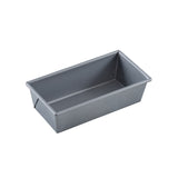 A rectangular, gray Aluminized Steel Bread Pan with slightly slanted sides and a smooth, nonstick surface sits on a white background. The pan is empty and clean, perfect for baking bread or loaf cakes.