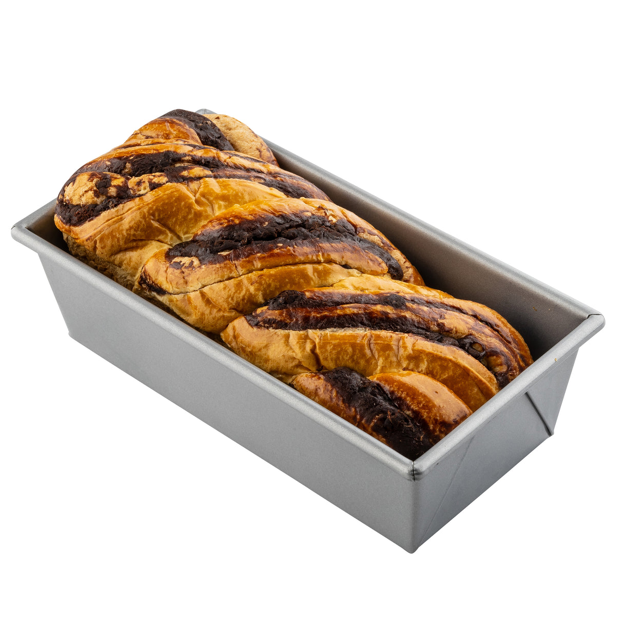 A Non-Stick Bread Pan holds a braided loaf with swirls of dark chocolate filling, showcasing a golden brown crust and rich, marbled texture. The background is plain white.