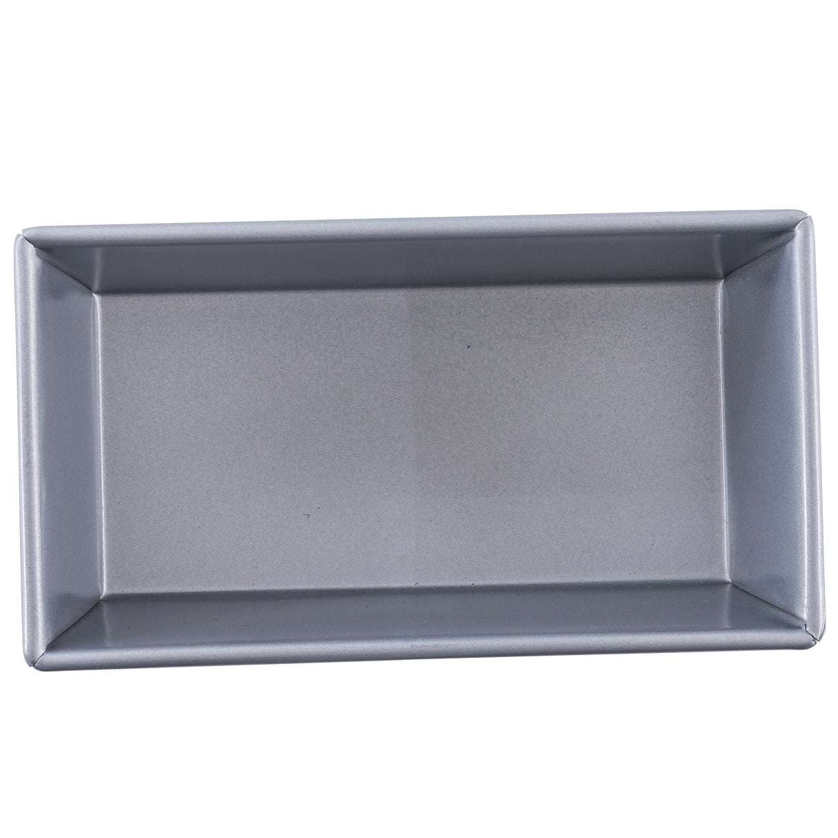A rectangular, silver aluminized steel bread pan is viewed from above; its smooth, nonstick interior and slightly angled sides are clearly visible. The pan is clean and empty, placed against a plain white background.