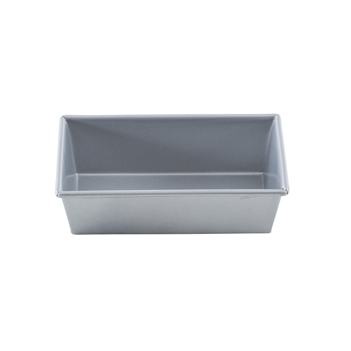 A rectangular, metallic aluminized steel bread pan with straight sides and a flat bottom, shown empty against a plain white background. The pan appears clean and is designed for baking bread or cakes.