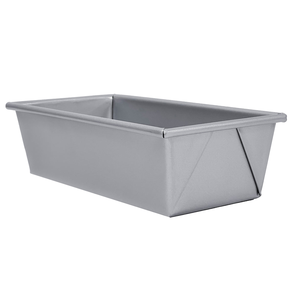A rectangular aluminized steel bread pan with straight sides and slightly rounded edges, shown at an angle against a white background; the pan has a smooth, reflective silver surface and reinforced rim.