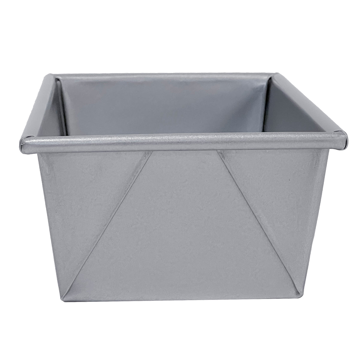 A square, silver non-stick bread pan with straight sides and slightly rounded edges, viewed from a slight angle. The pan has a flat rim and smooth, untextured surface, appearing clean and empty.
