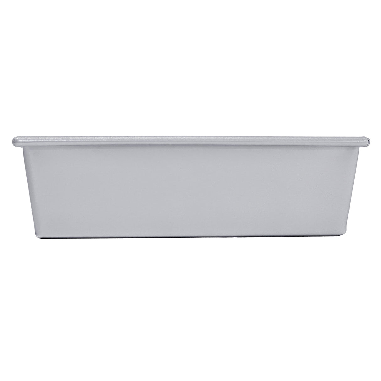 A plain, rectangular aluminized steel bread pan is shown from the side on a white background. The loaf pan has straight sides, a flat base, and a slightly wider top edge that forms a small rim.