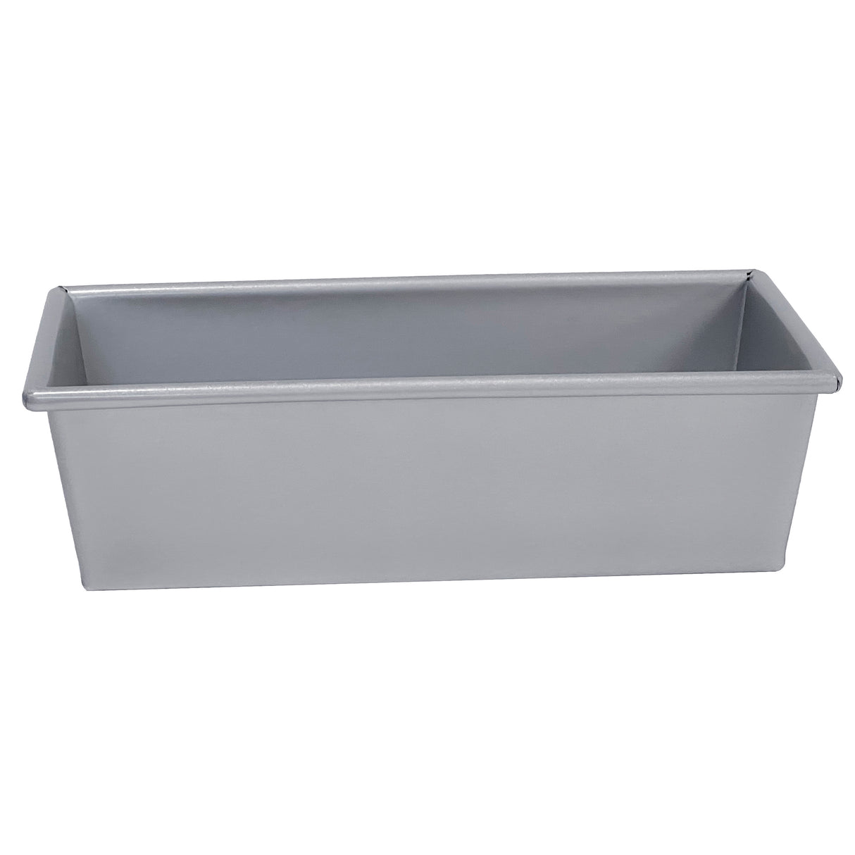 A rectangular, silver loaf bread pan with straight sides and a flat bottom, made of metal. The pan is empty and features a smooth, shiny surface with slightly rounded corners and a wide rim along the top edge.