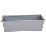 A rectangular, silver loaf bread pan with straight sides and a flat bottom, made of metal. The pan is empty and features a smooth, shiny surface with slightly rounded corners and a wide rim along the top edge.