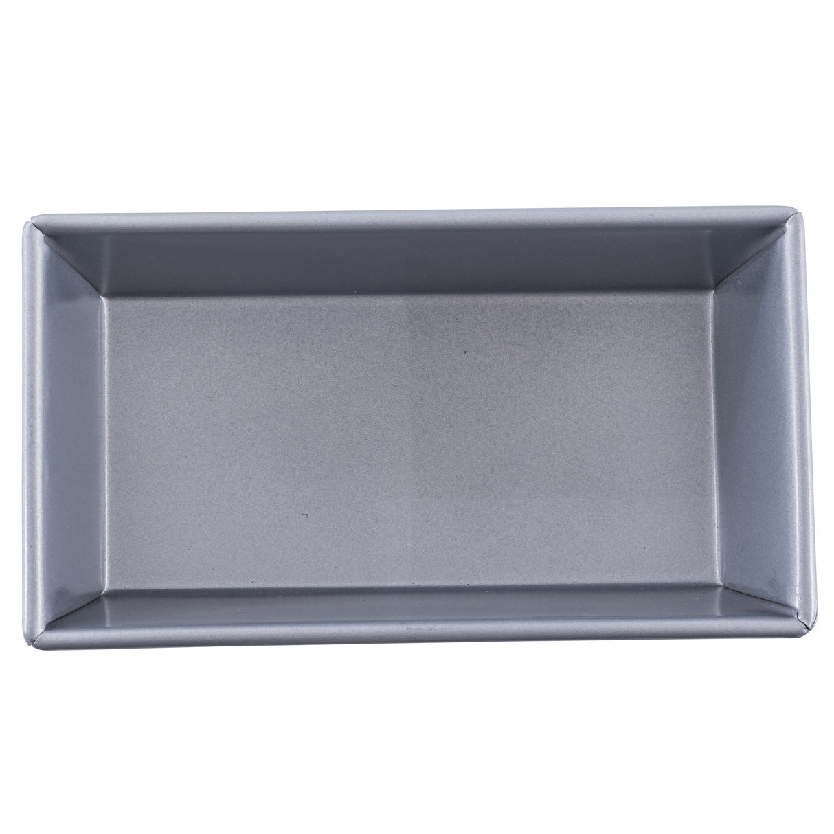 A rectangular, silver aluminized steel bread pan with straight sides and sharp corners, viewed from above on a plain white background. The pan is empty and features a smooth, non-stick interior surface.