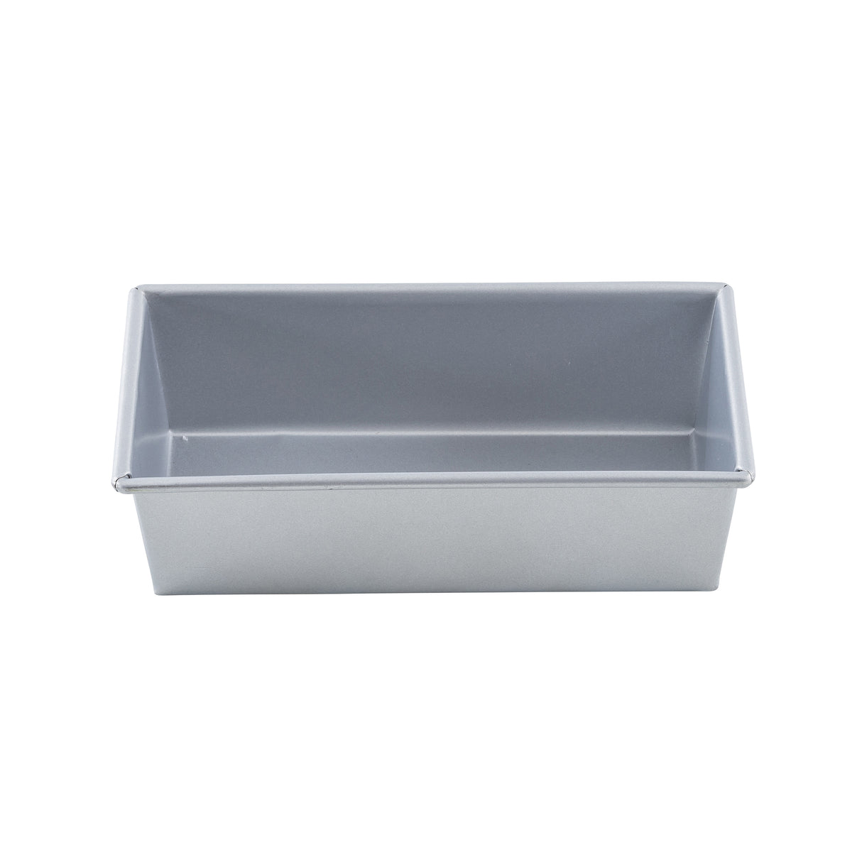A rectangular, silver-colored aluminized steel bread pan is seen from the side on a white background. The pan has straight sides, a flat bottom, and slightly rounded corners. Its smooth, non-stick interior is perfect for baking bread, cakes, or meatloaf.
