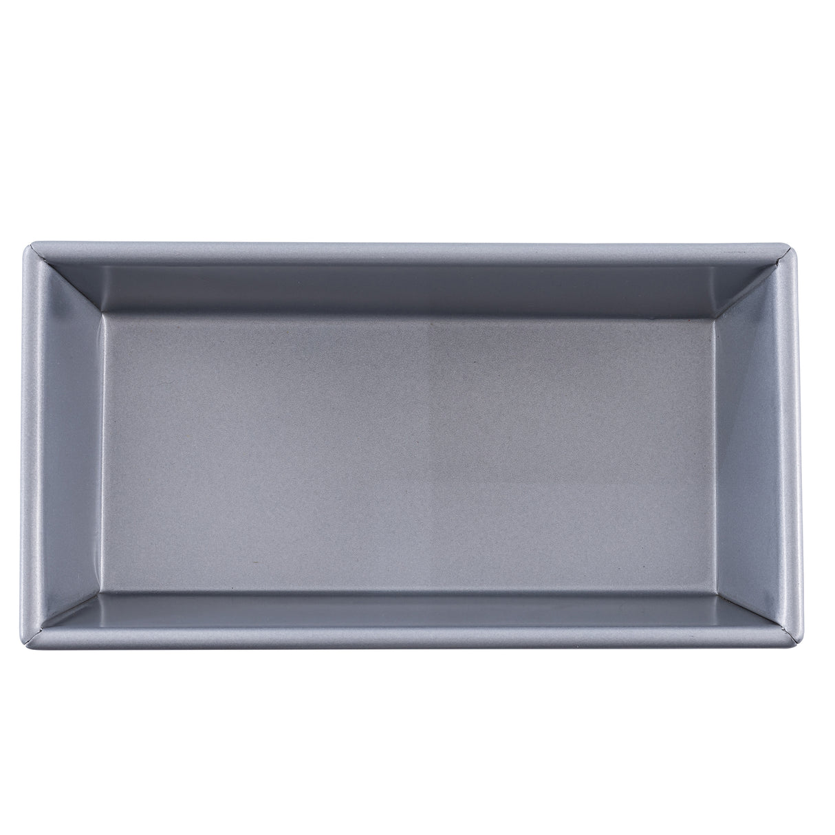 A top-down view of a rectangular, metallic loaf bread pan with straight sides and a smooth, shiny surface. The interior, made from aluminized steel, appears clean and unlined, with sharp corners and no visible markings or handles.