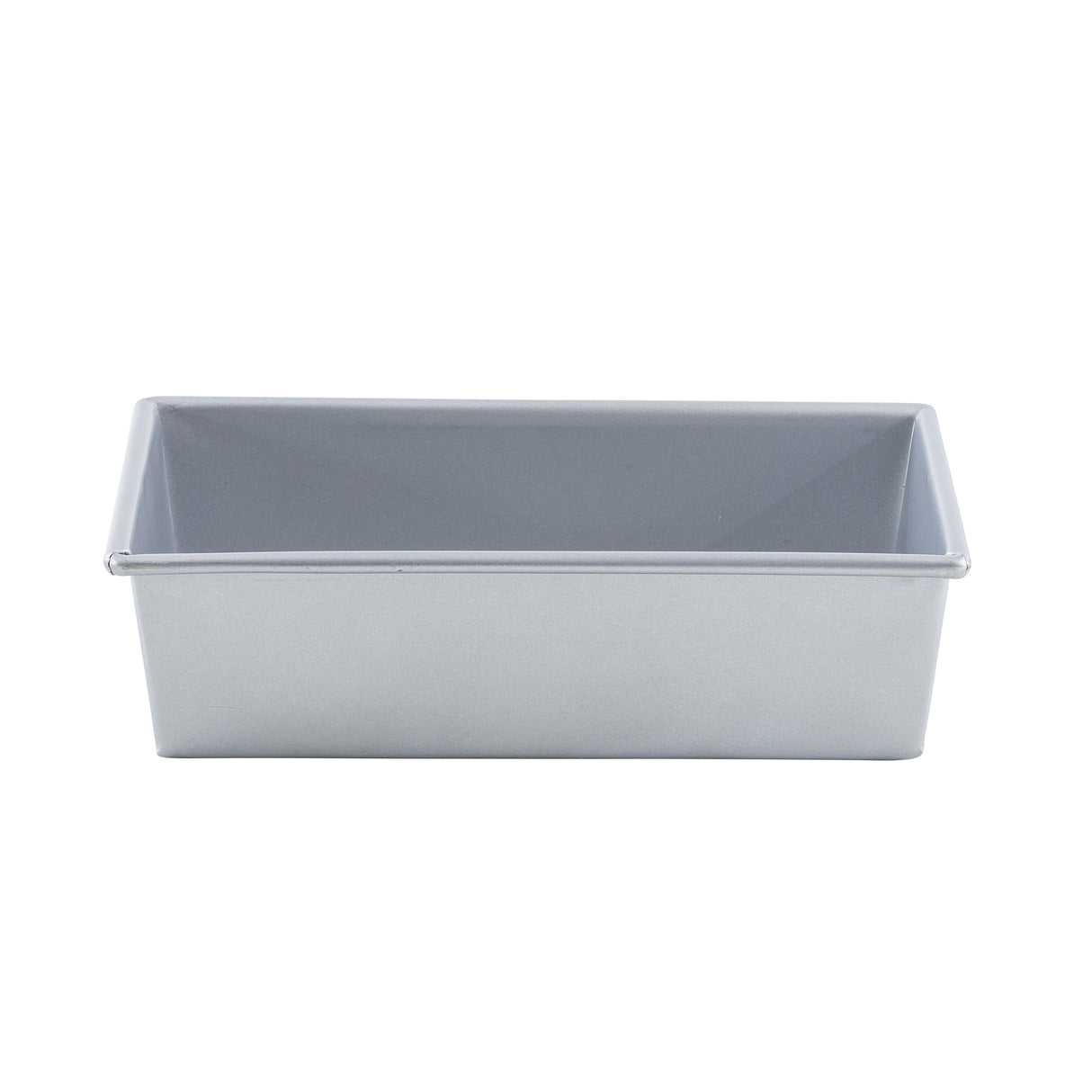 A rectangular loaf bread pan made of aluminized steel with a non-stick coating, featuring straight sides and rounded edges. Shown empty and clean from a front angle against a plain white background, it’s ideal for baking bread or cakes.