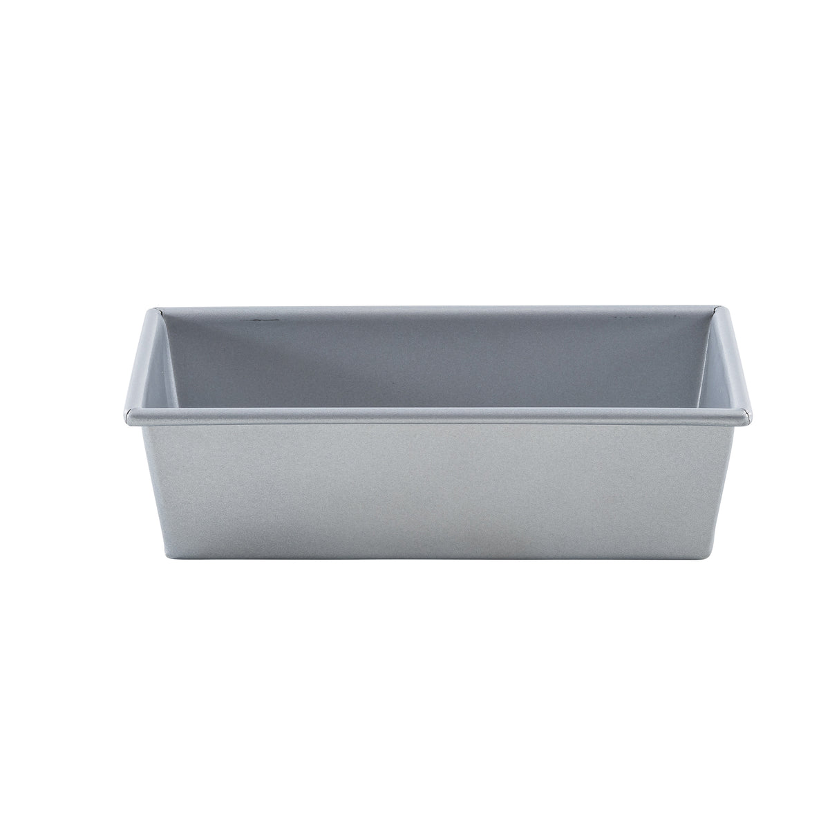 A rectangular, silver aluminized steel loaf bread pan with straight sides and slightly rounded corners, shown from a front angle on a plain white background. The empty pan features a non-stick coating, ideal for baking bread, cakes, or meatloaf.