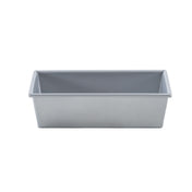 A rectangular, silver aluminized steel loaf bread pan with straight sides and slightly rounded corners, shown from a front angle on a plain white background. The empty pan features a non-stick coating, ideal for baking bread, cakes, or meatloaf.