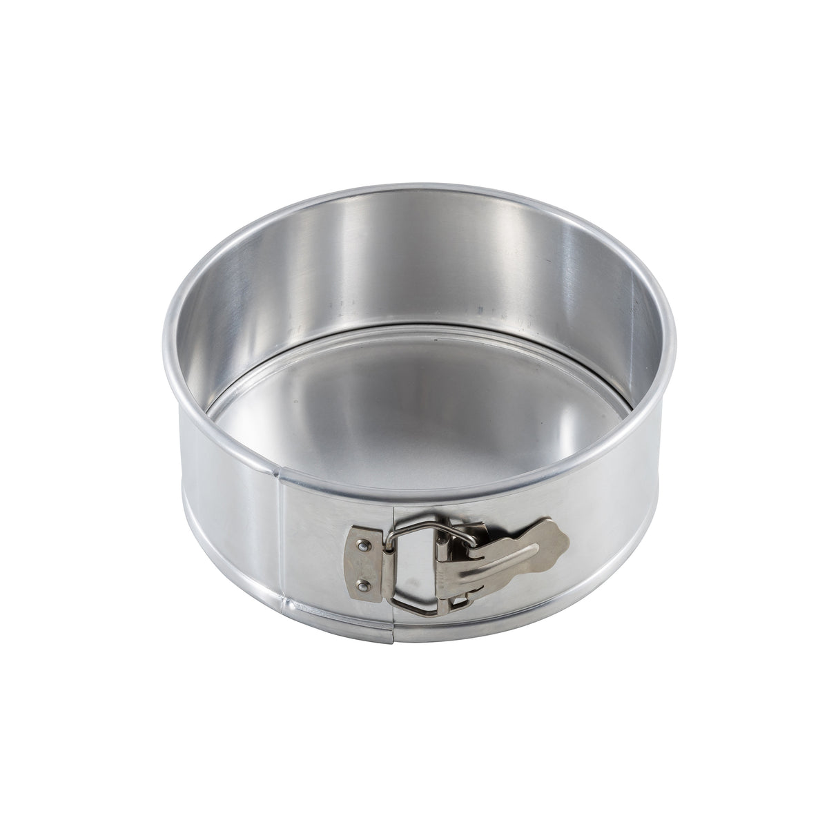 A shiny, round, 8.5 inch aluminum springform pan with a latch on the side. The latch secures the removable side wall to the flat base. The empty pan sits on a white background.