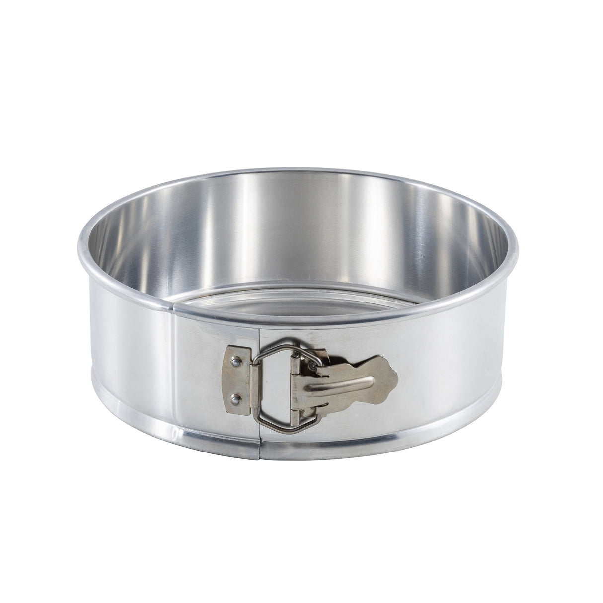 A 9.5 inch springform pan with smooth sides, a detachable base, and a latch for easy release is shown against a white background. The shiny, reflective aluminum springform pan features sleek interior and exterior finishes.