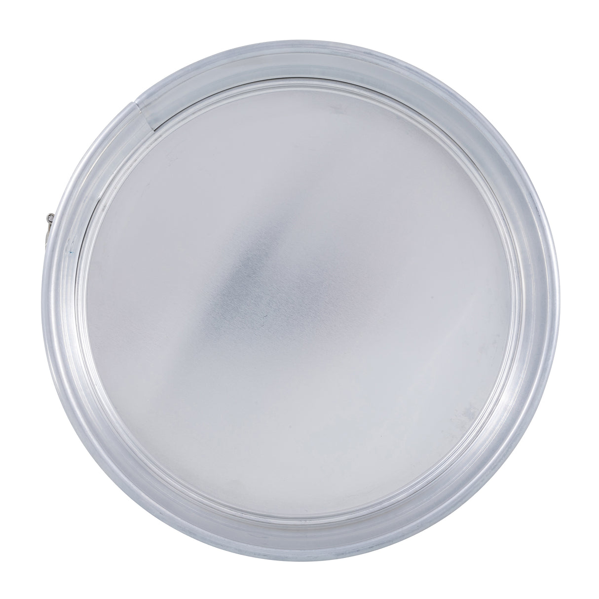 A round, clear plastic lid viewed from above, resembling a springform pan top. It features a slight frosted center, smooth transparent rim, and a small tab—like a durable latch—for easy opening. The background is white and uncluttered.