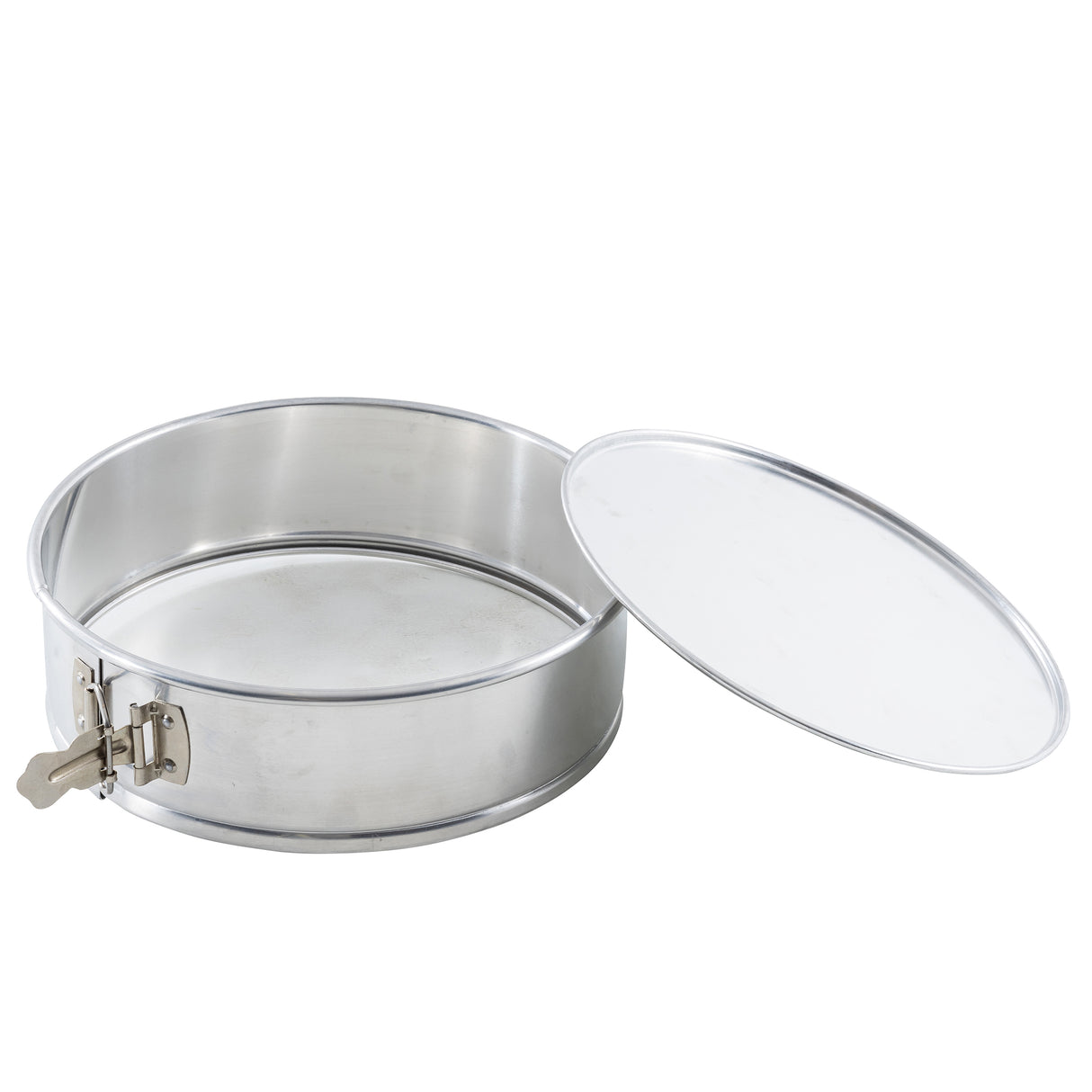 A round, aluminum springform pan with a removable flat lid is shown. The pan features a durable latch on the side for easy opening and closing. The lid is positioned to the right, resting slightly tilted and revealing the empty interior.