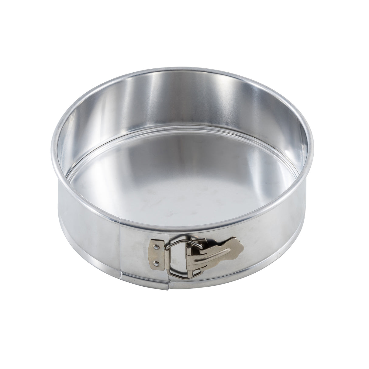 A shiny, round aluminum springform pan with smooth sides and a durable latch for easy removal of baked goods. The empty pan is placed on a white background.