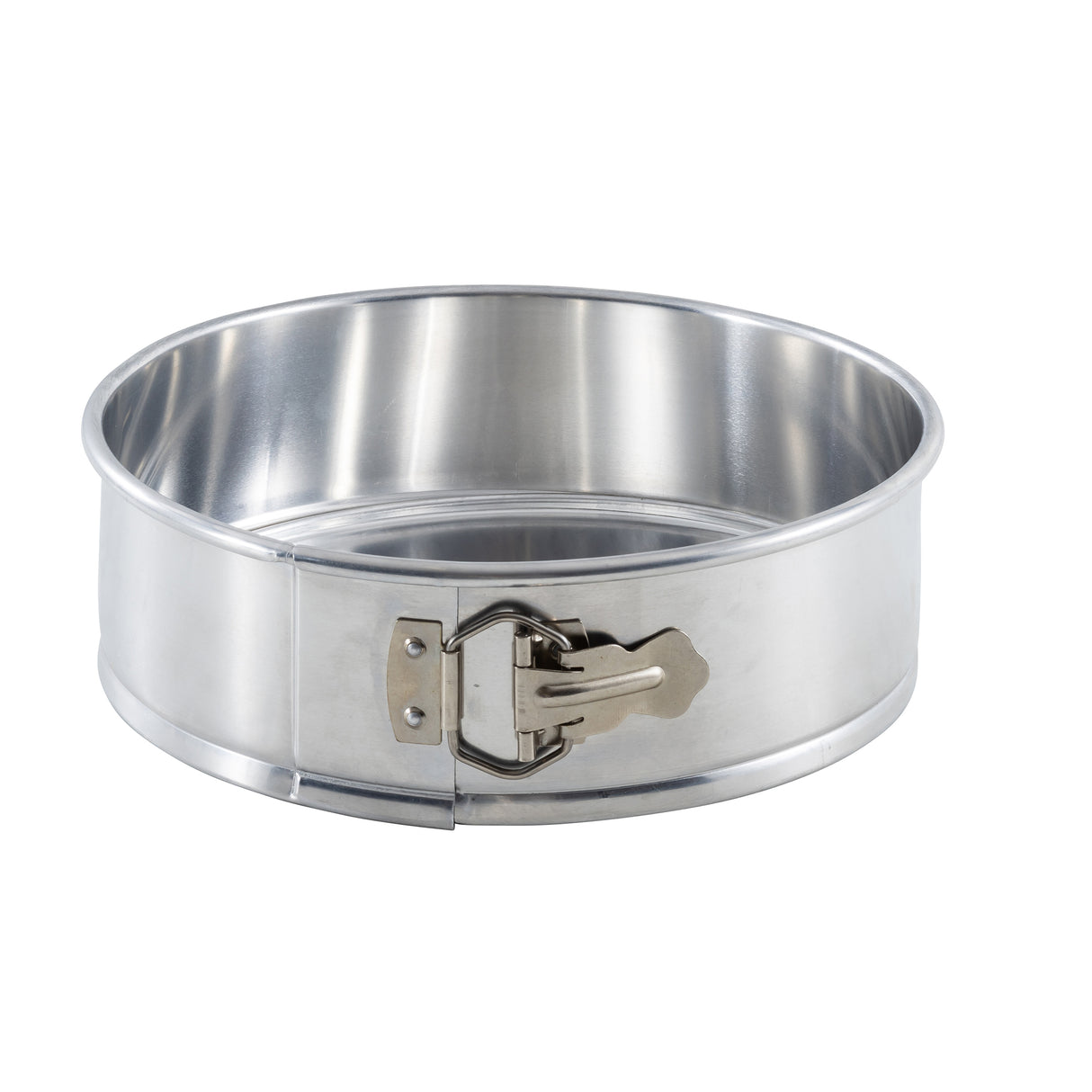 A shiny, round aluminum springform pan with high sides and a durable latch for easy release, shown empty against a plain white background.