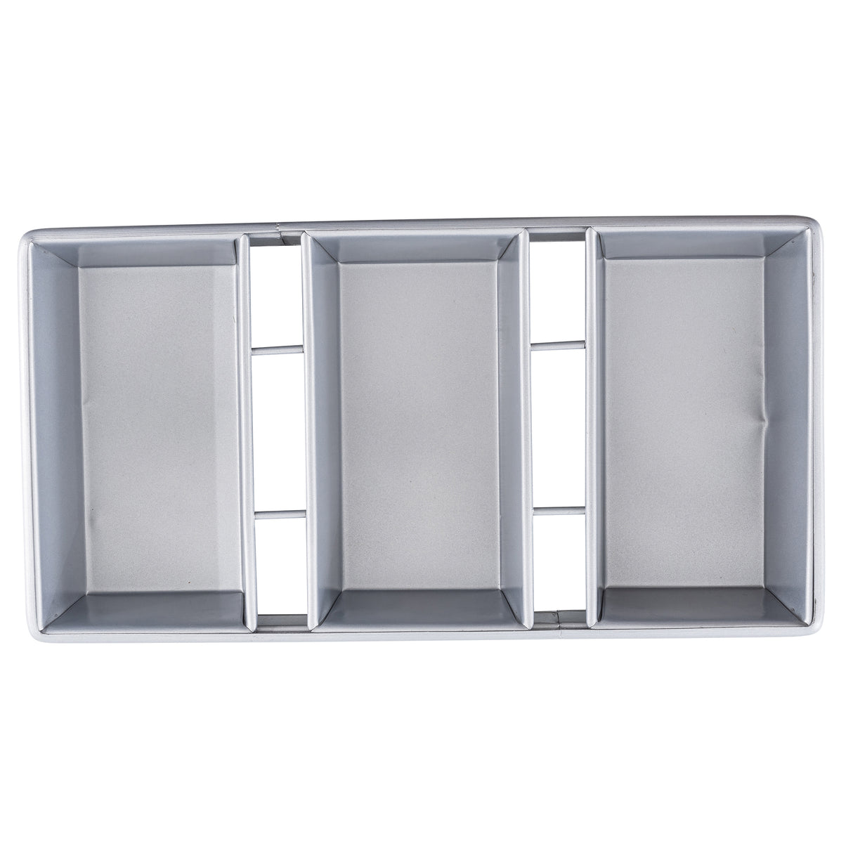 A rectangular aluminized steel tray, resembling a bread pan, is divided into three equal vertical compartments by metal dividers. Viewed from above, its smooth, clean surfaces and straight edges stand out.